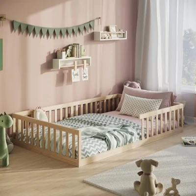 Abbildung von Kids Collective Kinderbett Bodenbett Bett mit Rausfallschutz &amp; Lattenrost Montessori Kinder (weitere Größen, 90x200, 140x200 cm), Jugendbett Einzelbett optional Matratze, natur Kiefer 120x200 cm