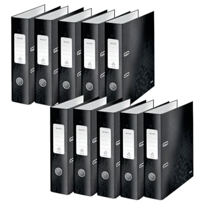 Abbildung von Leitz Qualitäts Ordner 180, 10er Pack, A4, 8 cm Rückenbreite, laminierte Graupappe, Schwarz, WOW Serie, Design kann variieren, 10050095