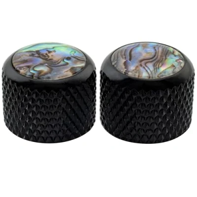 Abbildung von Musiclily Pro Fein 24 Spline Stahl Abalone Oberfläche Dome Potiknöpf Push on Knobs für USA E Gitarre und Bass 19x16,5mm, Schwarz (2er Set)