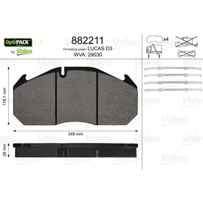 Abbildung von VALEO 882211 Bremsbelagsatz OPTIPACK exkl. Verschleißwarnkontakt ohne Sicherungsschraubensatz RENAULT TRUCKS: Magnum, MAN: TGA