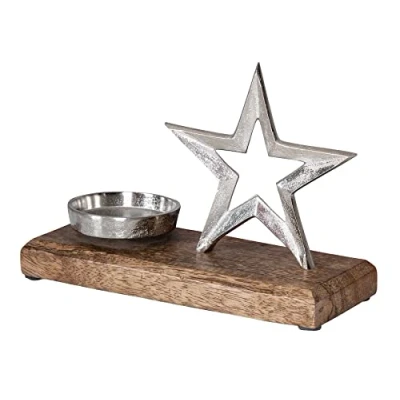 Abbildung von levandeo Metallstern Kerzenhalter 23x15cm Metall Mango Silber Stern Tischdeko Holz Dekoration Deko Aufsteller Weihnachten Wohndekoration Geschenk