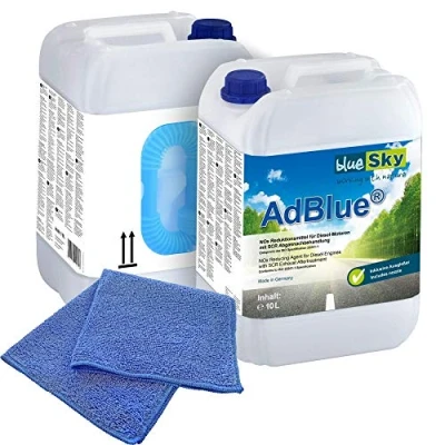 Abbildung von 2X 10 L blueSky AdBlue® inkl. Ausgießer + Microfasertuch blau 38 x cm 220 GSM