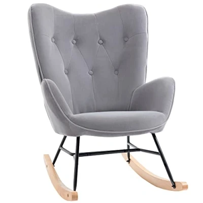 Abbildung von HOMCOM Schaukelstuhl, ergonomisch Schwingsessel, Armlehnsessel, Stillsessel mit Samtoptik, Schaukelsessel bis 150 kg belastbar, für Schlafzimmer, Wohnzimmer, Hellgrau