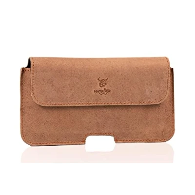 Abbildung von MATADOR Echt Leder Gürteltasche kompatibel mit Apple iPhone 15 Pro/ 15/14 14/13 13/12 12/11/ XR Holster Clip/Schlaufe Tabacco Braun