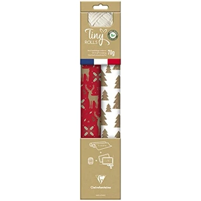 Abbildung von Clairefontaine 223887C Set Tiny Rolls, 2 Geschenkpapierrollen 5x0,35m, 70g + 1 Rolle Geschenkband 10 Geschenketiketten, Kraftpapier, rot/weiß , Stück (1er Pack)
