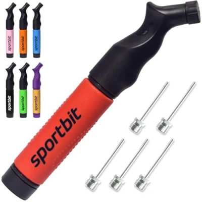 Abbildung von SPORTBIT Ballpumpe mit 5 Nadeln Set Handpumpensystem zum Aufpumpen Passt für jeden Sportball Volleyball Basketball Fußball Gymnastik Soccer Ball, Aufblasgerät Luftpumpe