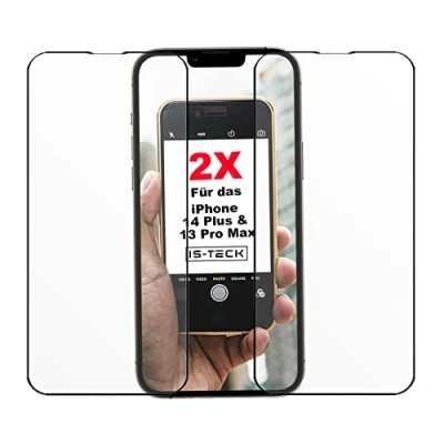 Abbildung von IS TECK 2X Full Panzer Screen Schutzglas für iPhone 13 Pro Max 14 Plus 6,7 Zoll, 9H Glas Displayschutz, HD Klar Komplett Schutz mit schwarzem Rand