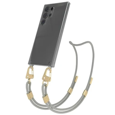 Abbildung von EAZY CASE Handykette mit Karabiner kompatibel Samsung Galaxy S24 Ultra Hülle Silikon transparente Handyhülle für Kette zum Umhängen Schutzhülle in Taupe Clips Gold