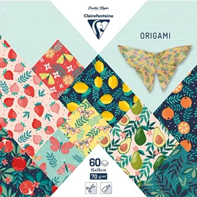 Abbildung von Clairefontaine 95357C 60 Blatt Origami Papier, 70 g/m², Format 15 x cm, 30 verschiedene bunte Motive (2 pro Motiv), kreative Hobbys für Erwachsene und Kinder, Kollektion fruchtiger Garten