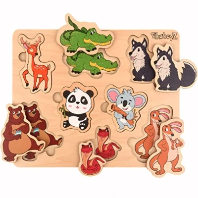 Abbildung von Pikatoyz Kinderpuzzle ab 1, 2 3 Jahre. Lernspiel bestehend aus Montessori Spielzeug mit Waldtieren. Ideales Holzpuzzle für EIN Geschenk. Steckspiel 1 3. Steckpuzzle Holz.