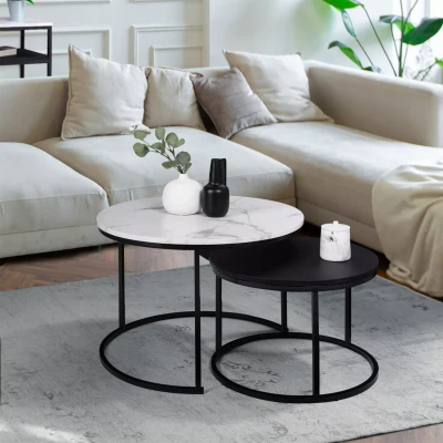 Abbildung von IDMarket 2 Couchtische Alaska, rund, 54/70 cm, Marmor Effekt und Schwarz, Metallfüße