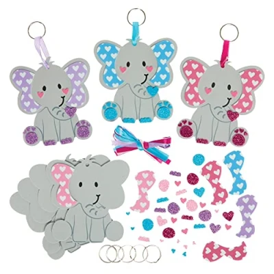 Abbildung von Baker Ross FX453 Elefanten Schlüsselanhänger mit Herz und Taschenanhänger 8er Pack, Schaumstoff Bastelset für Kinder zum Valentinstag