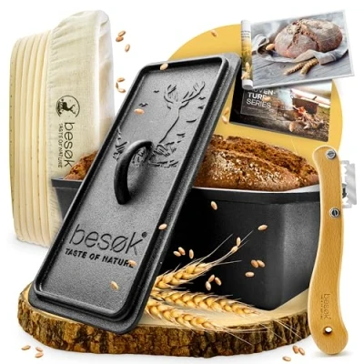 Abbildung von besok Brotbackform mit Deckel, Gärkorb &amp; Teigmesser Gusseisen Backform Brot backen Zubehör Kastenform Brot, Toastbrot Backform, Kasten Brotform, Auflaufform, Kastenform, Brotform eckig