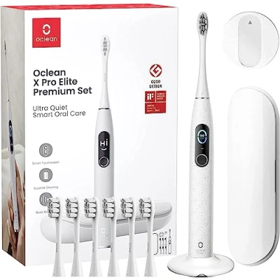 Abbildung von Oclean X Pro Elite Elektrische Zahnbürste mit 6 Bürstenköpfe &amp; Reiseetui, Schallzahnbürste Farbdisplay, Ultraleise Putzerfahrung, 35 Tage Akkulaufzeit, Timer, Drucksensor APP, Grau