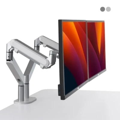 Abbildung von ALBERENZ® Doppelmonitorhalterung mit Gasfeder, Verstellbarer Monitorarm für 2 Bildschirme, 17 27&quot; Monitore, ergonomisches Design, höhenverstellbar und neigbar, Farbe Silber