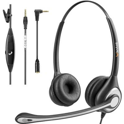 Abbildung von Wantek Headset Handy Binaural mit Noise Cancelling Mikrofon, Smartphone Kopfhörer für iPhone Samsung Huawei HTC LG ZTE BlackBerry Android Mobiltelefon 3,5mm Klinkenstecker