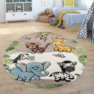 Abbildung von Paco Home Kinderteppich &quot;Diamond 644&quot;, rund, Kurzflor, 3D Design, Motiv Dschungel Tiere, Kinderzimmer