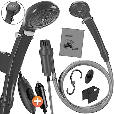 Abbildung von Monzana® Campingdusche 12V KFZ Adapter Aufbewahrungstasche 2m Schlauch 5m Stromkabel Handbrause Hundedusche Gartendusche Dusche Tauchpumpe anthrazit