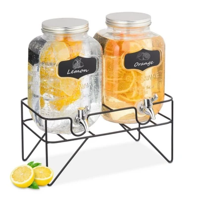 Abbildung von Relaxdays Getränkespender mit Ständer, 2 Limobehälter je 4L, Zapfhahn aus Kunststoff, Glas Wasserspender, transparent