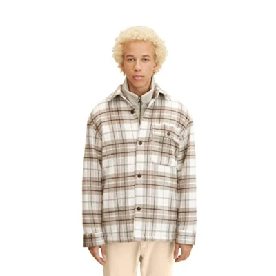 Abbildung von TOM TAILOR Denim Herren Overshirt Jacke mit Karo Muster 1032438, 28391 Off White Beige Big Cosy Check, M