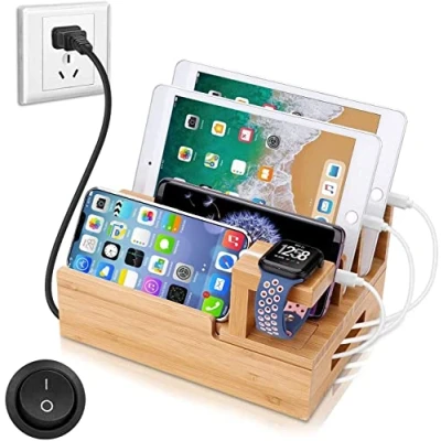 Abbildung von Handy Ladestation USB Ladegerät mehrfach für mehrere Geräte Smartphone Handys aus Bambus, Tablets