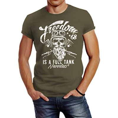 Abbildung von Neverless Biker Motorrad Motiv Freedom IS A FULL TANK Skull Tshirt print, Herren, Größe: Small, Army