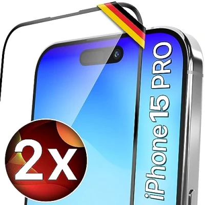 Abbildung von UTECTION Neue Perfekte Passform &gt; 2X Full Screen Schutzglas für iPhone 15 PRO Deutscher Anbieter &amp; Support Kinderleichte Anbringung, ultimative Glashärte Langzeitschutz, 2 Stück