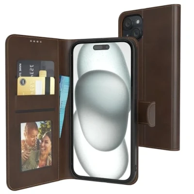 Abbildung von EAZY Case Klapphülle für iPhone 15 Plus Hülle klappbar mit Kameraschutz Schutzhülle magnetisch Standfunktion Kunstleder Klapptasche Kartenfach Sichtfenster Foto Premium Handyhülle Braun