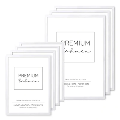 Abbildung von Hyggelig Home Rahmen Set 7 hochwertige Bilderrahmen aus Holz mit bruchsicherem Plexiglas 3 x DIN A3 + 4 A4 Weiss