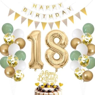 Abbildung von 18.Geburtstag Deko Salbeigrüne, Luftballon 18. Geburtstag Junge Mädchen, Ballon Grün Weiß Gold, Zahl 18 Folienballon, Tortendeko für Dekoration
