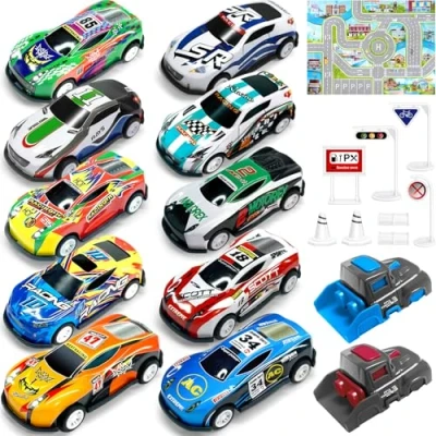 Abbildung von TOYABI Auto Spielzeug Set, 21 Stück Spielzeugautos Metall mit spielteppich &amp; Katapult, Kleine Spielzeugauto, Autos Zurückziehen Fahrzeuge, Geburtstag Geschenk für Kinder ab 3 4 5 6 7 8 Jahre