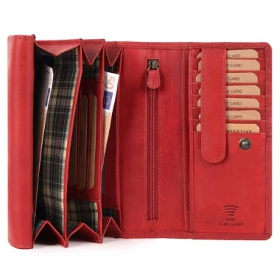 Abbildung von Benthill Damen Geldbörse Echt Leder XL Portemonnaie mit RFID Schutz Vintage Portmonee viel Platz Echtleder Damenbörse inkl. Geschenkbox, Farbe:Rot