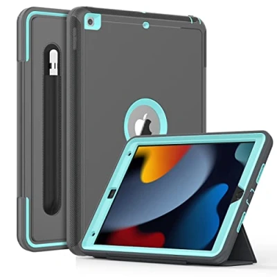 Abbildung von DAORANGE Hülle für Neu iPad 10.2 (9. Generation/8. Generation/7. Generation), Stoßfeste Schutzhülle[Stifthalter] mit Auto Schlaf/WachenFunktion Ständer 10,2 Zoll 2021/2020/2019(Grau+Hellblau)