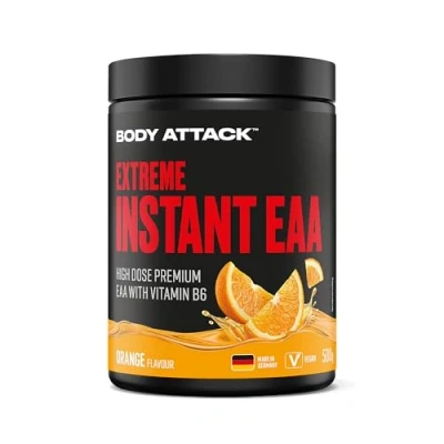 Abbildung von Body Attack Extreme Instant EAA Pulver Orange, 500 g Vegan, Made in Germany 8 essentielle Aminosäuren für eine proteinreiche Ernährung &amp; intensives Training Ideale 2:1:1 Ratio