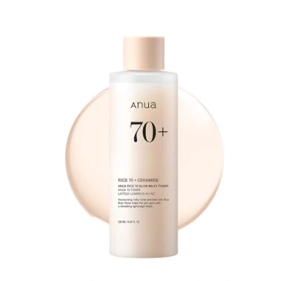 Abbildung von Anua Toner Rice 70 Glow Milky 250ml Feuchtigkeit &amp; strahlender Teint schnell einziehend, ohne künstliche Duftstoffe, alkoholfrei, parabenfrei, feuchtigkeitsspendend, hautberuhigend, aufhellend, nicht fettend