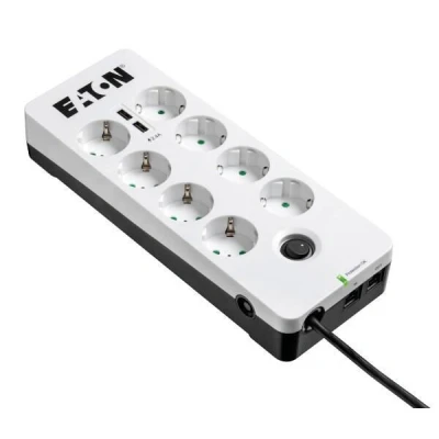 Abbildung von Eaton Steckdosenleiste 8fach mit RJ 11 Telefonstecker und USB Anschlüsse 1.5m weiß