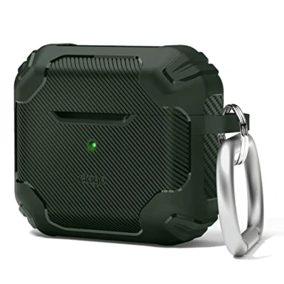 Abbildung von elago Solid Armor Hülle Kompatibel mit AirPods 3 Case Cover Stoßdämpfendes Design, strapazierfähiges TPU Material, unterstützt kabelloses Laden, Ganzkörperschutz (Dunkelgrün)