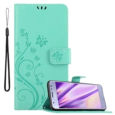 Abbildung von Cadorabo Hülle kompatibel mit Samsung Galaxy J3 2017 Blumen Design aus Kunst Leder Flip Klappbare Stoßfeste Magnetische [Standfunktion] [Kartenfächern] Cover für Tasche in Türkis
