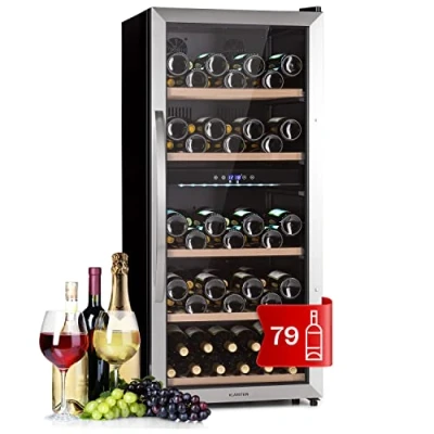 Abbildung von Klarstein Weinkühlschrank, Getränkekühlschrank Schmal, Kühlschrank mit Glastür, Getränkekühlschränke Freistehend, Weinkühlschrank Klein, Weinkühlschränke 2 Zonen, LED Beleuchtung, 5 18 C, 79 Flaschen