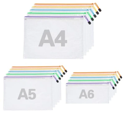 Abbildung von 15 Stück Dokumententasche A4, A5, A6, 5 Farben, Wasserdichte Dokumentenmappe, Transparente Zipper Beutel für Datei, Kosmetik, Bürobedarf, Rechnung, Schule &amp; Reise