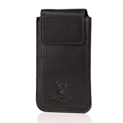 Abbildung von MATADOR Echt Ledertasche Handytasche Gürteltasche Vertikaltasche Schwarz/Black kompatibel mit Apple iPhone 8/12/13 Mini Magnetverschluss Gürtelschlaufe (Easy Out System)