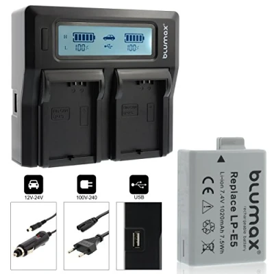 Abbildung von Blumax 1x Dual Ladegerät + Akku 1020mAh für Canon LP E5 / EOS 1000D 450D 500D Rebel T1i, XS, Xsi, Kiss F Lader