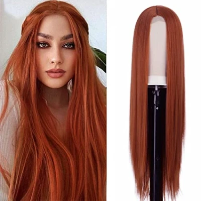 Abbildung von ATAYOU Kupfer Rot Lace Front Perücke Ginger Orange Für Damen Mit kleinem Spitzen Mittelteil Synthetische Perücken Kappe (Orangene)