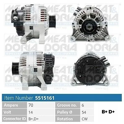 Abbildung von MEAT &amp; DORIA 5515161 Lichtmaschine 14V 70A PEUGEOT: 206 Schrägheck, Partner I Combispace, SW, CITROËN: Berlingo / First Kastenwagen