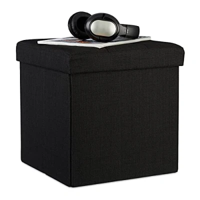 Abbildung von Relaxdays Faltbarer Sitzhocker, 38 x cm, Sitzcube als Fußablage, Sitzwürfel aus Leinen, Deckel zum Abnehmen, schwarz