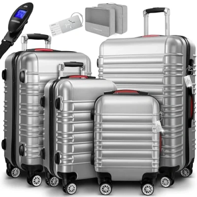 Abbildung von MONZANA® 4tlg Kofferset Schloss Organizer Kofferwaage Gurt Gel Griffe Zwillingsrollen Standfüße Trolley Reisekoffer Hartschale Koffer S M L XL Silber