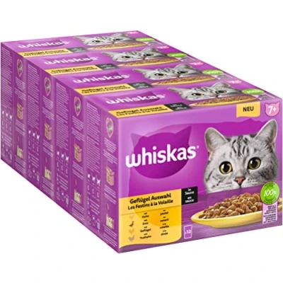 Abbildung von Whiskas 7+ Katzenfutter Geflügel Auswahl in Sauce, 12x85g (4 Packungen) Hochwertiges Nassfutter ab dem 7. Lebensjahr 48 Portionsbeuteln