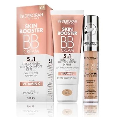 Abbildung von Deborah Milano BB Cream Skin Booster, SPF 15, 03 Sand, mit Vitamin C, zweite Haut, 30 ml und 24 Stunden Perfect All Over, flüssiger Concealer, 05 Bernstein, wasserfest langanhaltend, 5,5 g