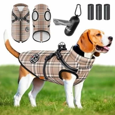 Abbildung von LOVPET® Hundejacke Hundemantel Mit Geschirr, inkl. 45 Stück Kotbeutel + Spender, Hunde Winterweste gefüttert wasserdicht, Gepolsterte Weste Brustgurt, Reflektoren, D Ring 5XL, Beige
