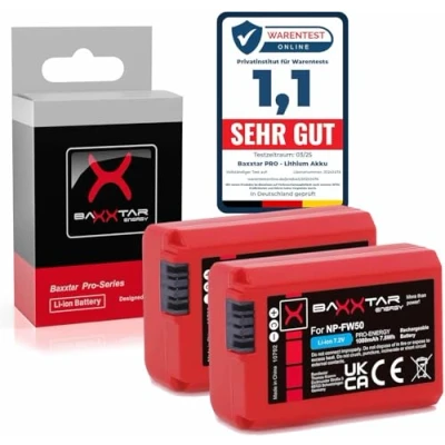 Abbildung von 2X Baxxtar Pro Akku NP FW50 (echte 1080mAh) mit Infochip Intelligentes Akkusystem neueste Generation